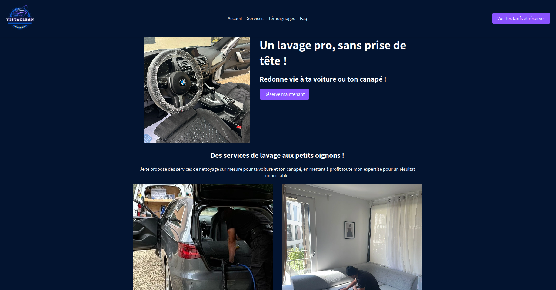Aperçu du projet VistaClean — Lavage voiture & canapé à domicile